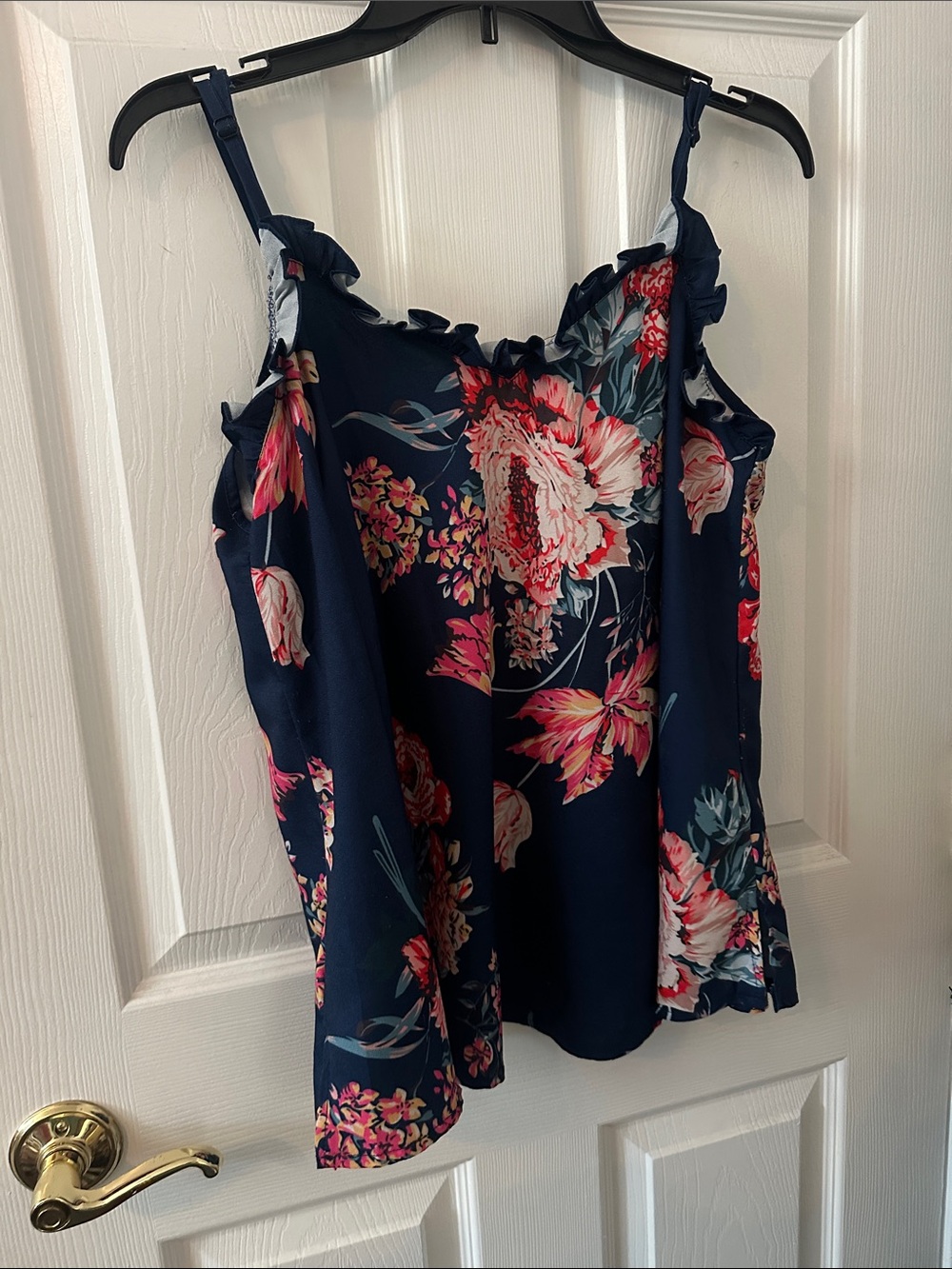 Navy Floral Ruffle-Trim Spaghetti Strap Cami